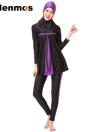 Купить Kalenmos Muslim Swimwear Women Arab Islamic Hooded Swim Wear Bathing Burkini 3 Piece Suits Swimsuit Modest Swim Surf Wear Sport