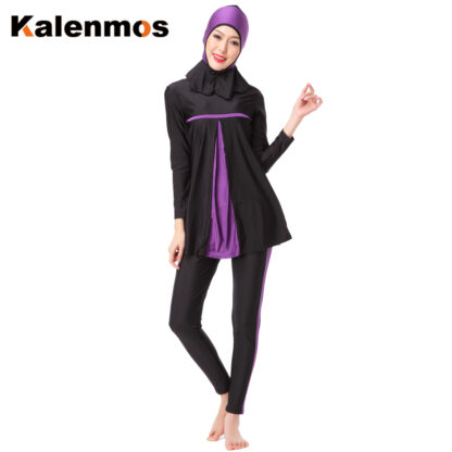 Купить Kalenmos Muslim Swimwear Women Arab Islamic Hooded Swim Wear Bathing Burkini 3 Piece Suits Swimsuit Modest Swim Surf Wear Sport