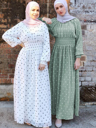 Купить Turkey Ramadan Abaya Muslim Dress Women Chiffon Elastic Waist Sweet Dots Party Vestidos Moroccan Kaftan Hijab Islamic Clohing