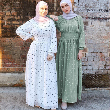 Купить Turkey Ramadan Abaya Muslim Dress Women Chiffon Elastic Waist Sweet Dots Party Vestidos Moroccan Kaftan Hijab Islamic Clohing