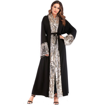 Купить Muslim Abaya Women Middle East Sequins Abayas Dubai Kimono Caftan Long Robes Lace-up kaftan Jubah Hijab Dress Islamic Clothing