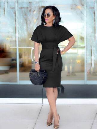 Купить 2021 Autumn Dress Women Solid Color Short Sleeve Belt Cotail Bodycon Knee-length Pencil Dress Office Lady Vestidos african