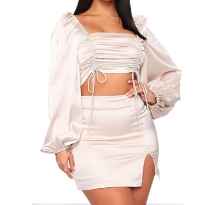 Купить Dstring Ruched Sexy Top and Skirt Two Piece Sets Matching Set Baless Lantern Sleeve Crop Tops Summer Outfitshigh quality
