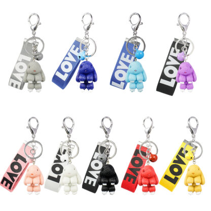 Купить Cute gift multicolor resin bunny keychain alloy color bell accessories LOVE braided belt ladies bag ornaments