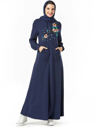 Купить Muslim Hooded Maxi Dress Trasuit Women Embroidery Floral Jogging Long Dress SportsWear Poet Islamic Clothing Big Swing Dress