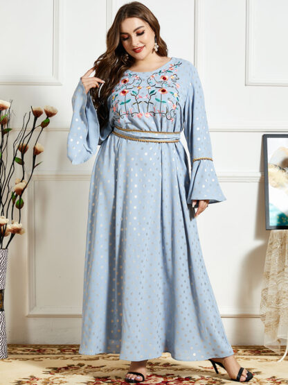 Купить Turkey Dubai Women Muslim Dress Flare Sleeve Embroidery Moroccan Kaftan Maxi Vestidos Islamic Eid Mubarak Abaya Djellaba Robe