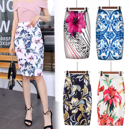 Купить Spring Autumn Women Skirt Casual Print Slim Fit Bodycon Knee Length Sexy Stretch High Waist Skirts 2021 Lady Vestidos Ropa