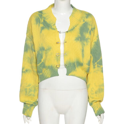 Купить Fall 2021 Girls Green Oversized Cardigan Crop Top Sweater Knitted Cute Long Sleeve Pins Sweaters Tie Dye Cartiganshigh quality