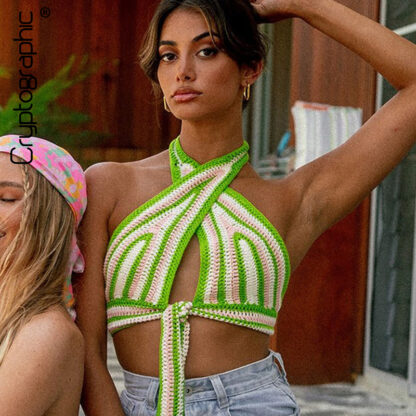 Купить Knitted Hot Sexy Halter Baless Wrap Crop Top for Women Fashion Patchwork Summer Tie Up Festival Tops Streetwearhigh quality