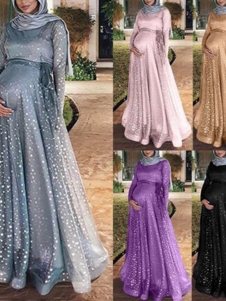 Купить Muslim Floor-length Pregnant Dress Women Sequin Plus Size Maternity Long Pregnancy Dress Vestidos Big Swing A-line Long Dresses