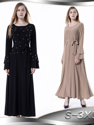 Купить Abayas for Women Muslim Ramadan Hijab Dress Flare Sleeve Beaded Lace-up Dresses Pakistani Long Robe Dubai Kaftan Islamic Clothes