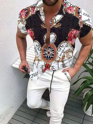 Купить Trendy Party Printed Men's Designer Slim Fit Shirts Casual Beach Top Cardigan Button Shirt Summer Mens Clothing Top Blouse Blusa Beachwear Hawaiian