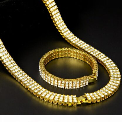Купить hip hop High Quality Men Gold Silver Bracelet & Necklace Iced Out 30inches 3 Row Simulated Diamond Bling Blings Chain for Men Jewelry