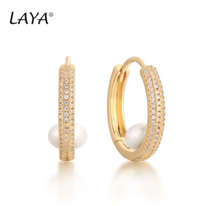 Купить LAYA Natural Freshwater Pearl Hoop Earrings For Women 925 Sterling Silver Fashion Circle Design Zirconia Personality High Quality Jewelry