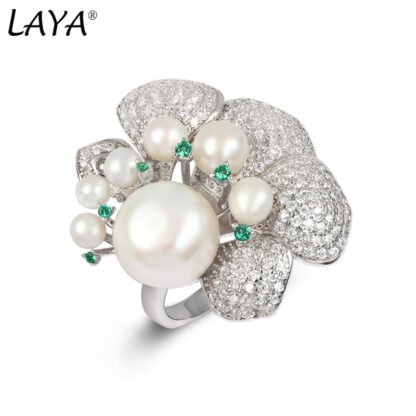 Купить LAYA Natural Pearl Cluster Ring For Women 925 Sterling Silver Fashion Personality Design High Quality Zircon Green Nano Fine Jewelry 2022 Trend