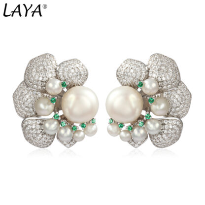 Купить LAYA Natural Pearl Stud Earrings For Women 925 Sterling Silver Fashion Personality Design High Quality Zircon Green Nanos Fine Jewelry 2022 Trend