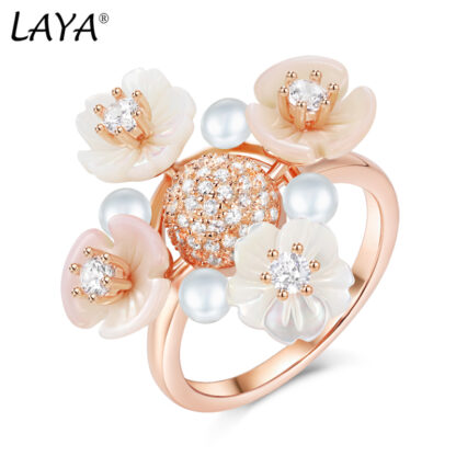 Купить Laya Cluster Ring For women 925 Sterling Silver Fashion Natural Shell Flower Green Leaf Enamel High Quality Zircon Freshwater Pearl Wedding Jewelry 2022 Trend