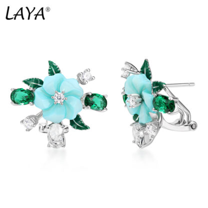 Купить LAYA Enamel Earrings For Women 925 Sterling Silver Summer Hot Style Luxury Jewelry Fashion High Quality Zirconium Natural Shell Flower Green Leaf 2022 Trend