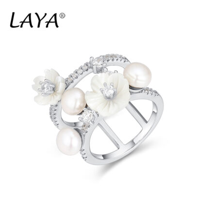 Купить LAYA Natural Shell Flower Freshwater Pearl Cluster Ring For Women 925 Sterling Silver Summer Hot Style Luxury Jewelry Fashion High Quality Zirconium 2022 Trend