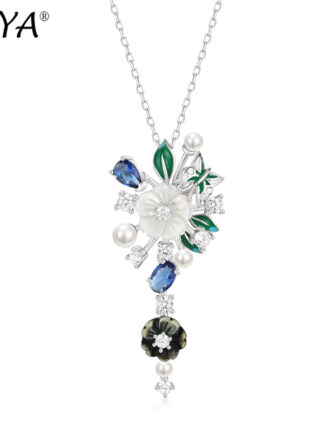 Купить LAYA Pendant Necklace For Women 925 Sterling Silver Fashion Natural Shell Flower Green Leaf Enamel High Quality Zircon Wedding Jewelry 2022 Trend