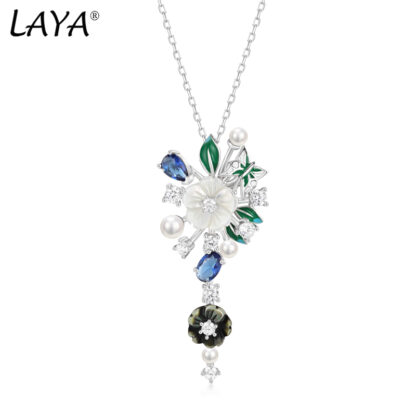 Купить LAYA Pendant Necklace For Women 925 Sterling Silver Fashion Natural Shell Flower Green Leaf Enamel High Quality Zircon Wedding Jewelry 2022 Trend