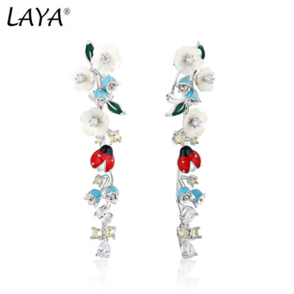 Купить Laya Dangle Earrings For women 925 Sterling Silver Fashion Natural Shell Flower Green Leaf Enamel Animal High Quality Zircon Wedding Jewelry 2022 Trend
