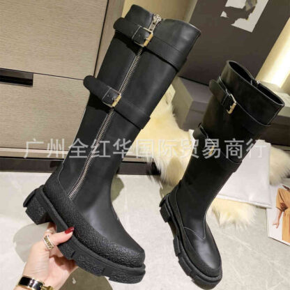 Купить Boots High end autumn winter leather thick bottom belt buckle high barrel Martin boots women's side zipper knee length Knight