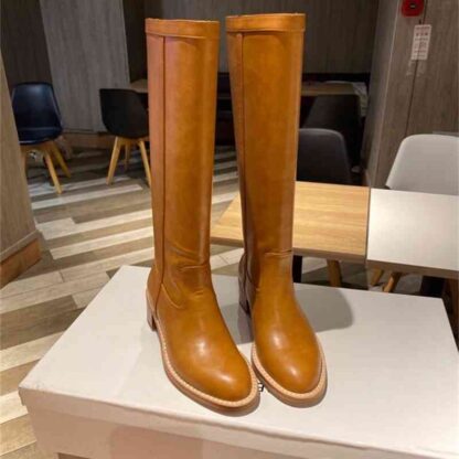 Купить Boots High end autumn winter product cowhide solid color round head thick middle heel sleeve women's Knight boots high tube women