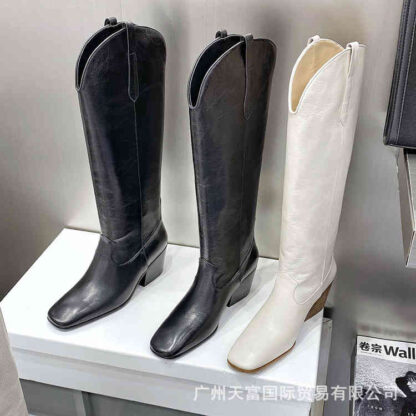 Купить Boots Niche design autumn winter Western Cowboy Leather thick heel knee length boots side zipper square head knight