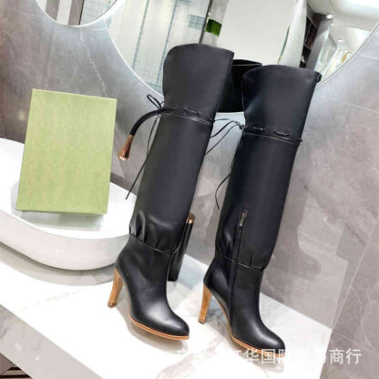 Купить Boots High end autumn and winter high tube boots female fat girl thick leg heel round head heels middle wrinkled