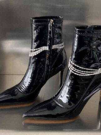 Купить Boots High end quality autumn winter fashion pointed thin heel short boots painted crystal diamond chain elastic high