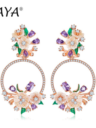 Купить LAYA Dangle Statement Earrings For Women 925 Sterling Silver Fashion Natural Shell Flower Green Leaf Enamel Shining Zircon Wedding Jewelry