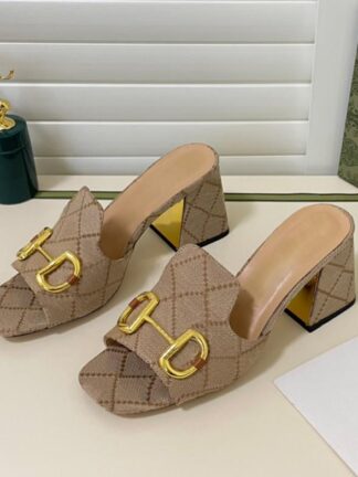 Купить 2022 Embroidery Slippers Genuine Leather Women High Heels Slipper Designer Sandals Summer Fashion Shoes Metal Buckle with Box