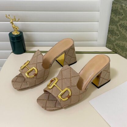 Купить 2022 Embroidery Slippers Genuine Leather Women High Heels Slipper Designer Sandals Summer Fashion Shoes Metal Buckle with Box