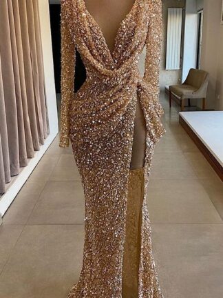 Купить Sparkly Sequined Prom Dresses 2022 Long Sleeve Sexy High Slit V Neck Mermaid Rose Gold Dubai Women Formal Evening Gowns C0417Q