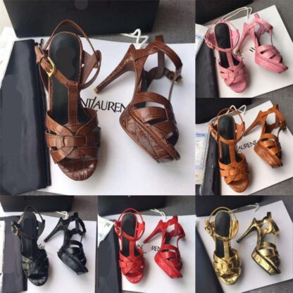 Купить Italy Designer luxury Tribute sandals summer Shoes 100mm High heels Sexy women's shoes Stone grain cowhide gold-tone hardware sandal branded LOGO LettersSL AAA1211