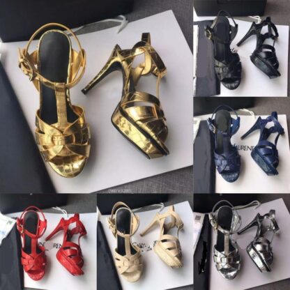 Купить Italy Designer luxury Tribute sandals summer Shoes 100mm High heels Sexy women's shoes Stone grain cowhide gold-tone hardware sandal branded LOGO LettersSL D1588