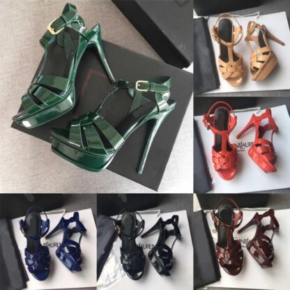 Купить Italy Designer luxury Tribute sandals summer Shoes 100mm High heels Sexy women's shoes Patent leather cowhide gold-tone hardware sandal branded LOGO LettersSL AAA+