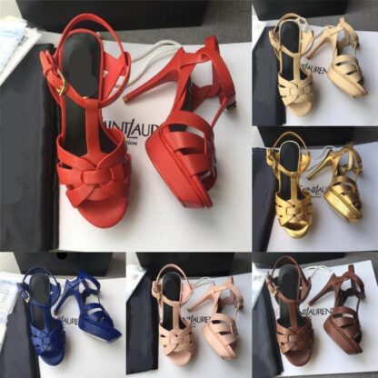 Купить Italy Designer luxury Tribute sandals summer Shoes 100mm High heels Sexy women's shoes Solid cowhide gold-tone hardware sandal branded LOGO LettersSL AAA+