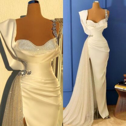 Купить 2022 Elegant White Sequin Prom Dresses Spaghetti Straps Mermaid Sexy Backless Sleeveless Evening Gowns Vintage Arabic Party Dress BC13092