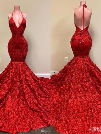 Купить 2022 Sexy Backless Red Prom Dresses Halter Deep V Neck Lace Appliques Mermaid evening Dress Rose Ruffles Special Occasion Party Gowns BC10882