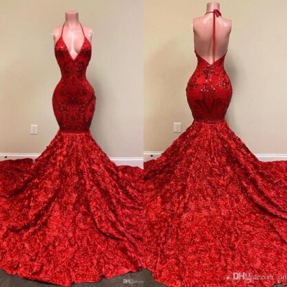 Купить 2022 Sexy Backless Red Prom Dresses Halter Deep V Neck Lace Appliques Mermaid evening Dress Rose Ruffles Special Occasion Party Gowns BC10882