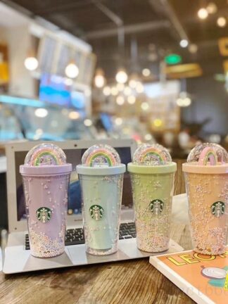 Купить 450ML Cute Rainbow Starbucks Mugs Double Plastic with Straws PET Material for Kids Adult Girlfirend Gift Products