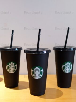 Купить Starbucks 24oz/710ml Plastic Tumbler Reusable Black Drinking Flat Bottom Cup Pillar Shape Lid Straw Mug 30PCS