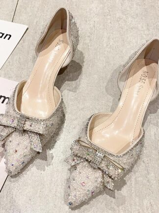 Купить spring satin bow single shoes female fashion slim thin with pointed shallow mouth high heels women