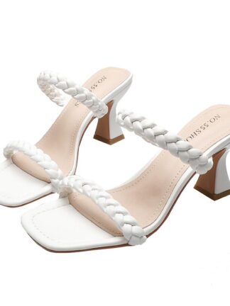 Купить Summer Design Weave Square Toe Heels High Quality Strange Style Slippers Gladiator Womens Sandal Slides Shoes