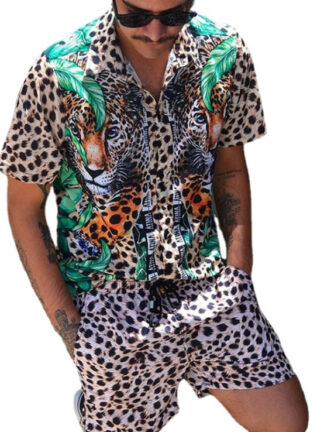 Купить stylish leopard print tracksuits casual loose chemisier printed shirt beach pants suit men tiger printing man blusa sets
