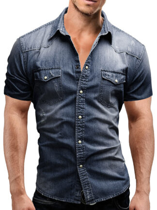 Купить fashion men's summer jeans Shirts casual solid color foreign trade denim short sleeve shirt plus size blouse