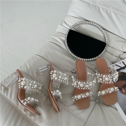 Купить 2021 early spring new women's shoes middle heel pearl transparent high-heeled sandals