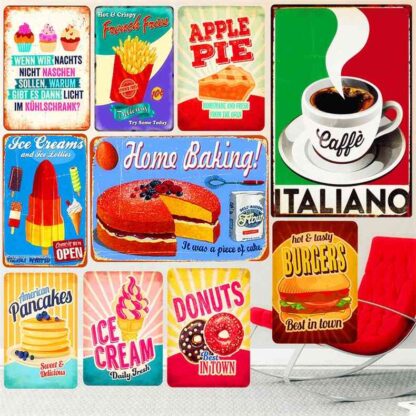 Купить COFFEE Plaque Metal Tin Signs Pub Bar Donuts Decorative Plate Ice Cream Baked Wall Painting Pie Cakes Vintage Home Decor A293